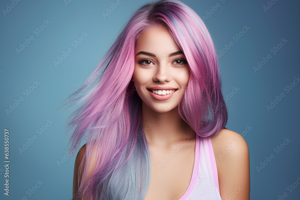 Generative AI portrait of fashion model advertising hair salon showing coloring hairstyle Generative AI portrait of fashion model advertising hair salon showing coloring hairstyle