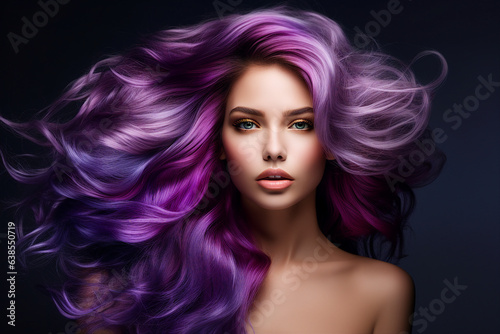 Generative AI portrait of natural beauty woman model showing flattering bright violet dyed hairstyle