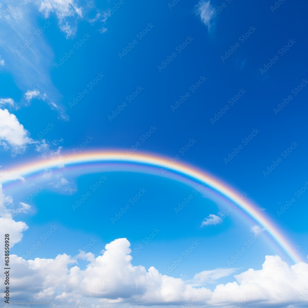 colorful rainbow in blue sky with small clouds