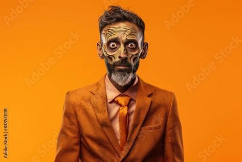 A Man Wearing a Zombie Costume for Halloween on an Orange Background  © JJAVA