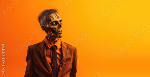 A Man Wearing a Zombie Costume for Halloween on an Orange Background with Room for Copy 