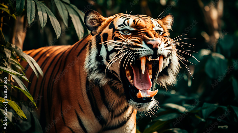 Fototapeta premium big feline ferocious and imposing in the jungle, indian tiger with big teeth