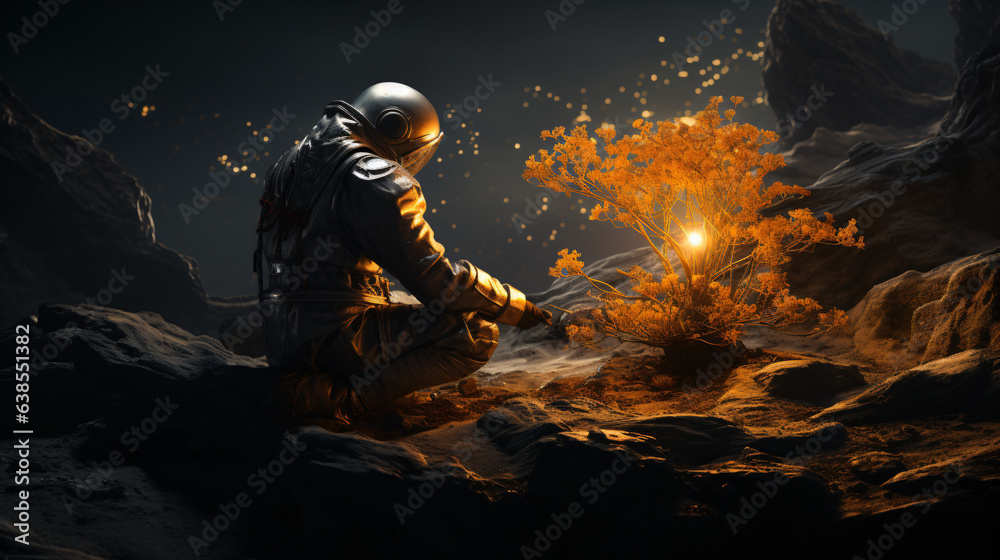 cinematic monk astronaut growing plants in space cinematic monk astronaut growing plants in space