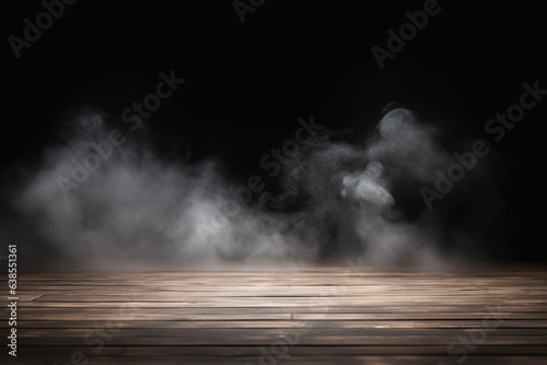 empty dark room with wooden floor and rising smoke on dark background