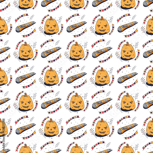 Seamless pattern with clerical knife and halloween pumpkins. Seamless pattern on a white background. Cute vector illustration.