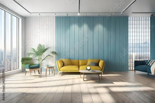 modern living room interior with sofa, yellow color, curtains on wall open wi...