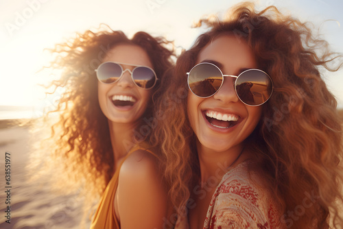 Portrait of two happy women in sunglasses smiling on sunny beach. Friendship © Oksana