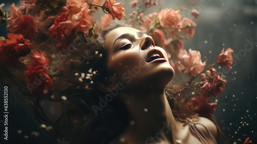 Beautiful woman looking up to the right surrounded by exploding flowers.