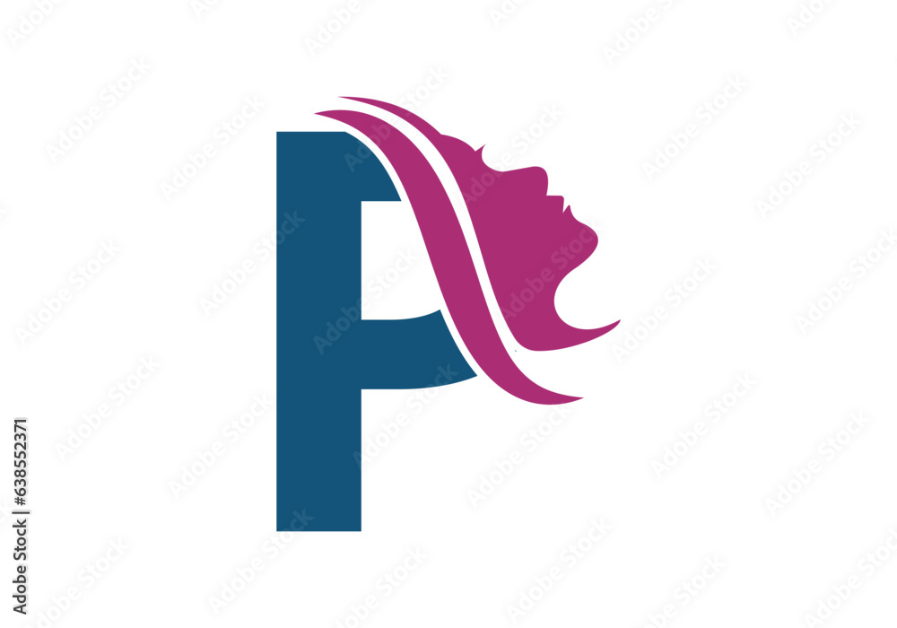 Woman Face Logo On Letter P. Beauty and spa logo concept - obrazy, fototapety, plakaty 