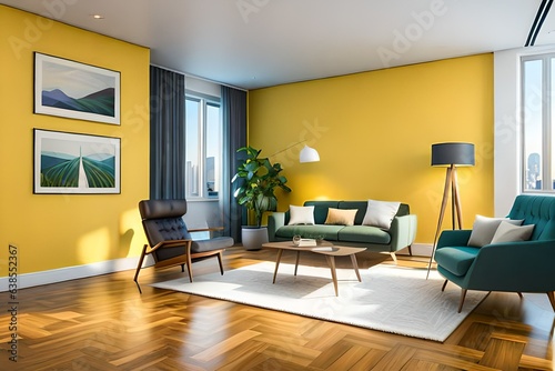 Painting wall yellow in room of apartment after relocation  3D Rendering 