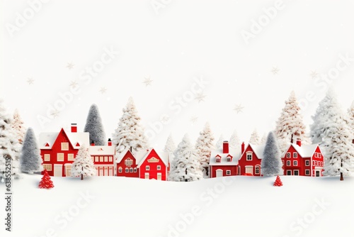 White colored christmas theme card design with trees, huts and snowfall in red and white theme