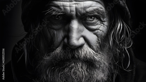 Haunting Black and White Portrait of an Old Fisherman Showcasing Deeply Etched Lines and Weathered Visage.