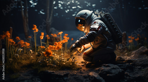 cinematic monk astronaut growing plants in space