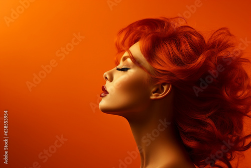 Generative AI picture of attractive redhead woman model symbolizing autumn season over background