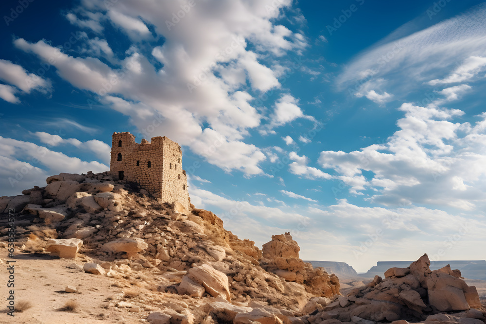 Ancient Citadel on Rocky Outcrop Overlooking Vast Desert Expanse Under Cirrus Clouds.