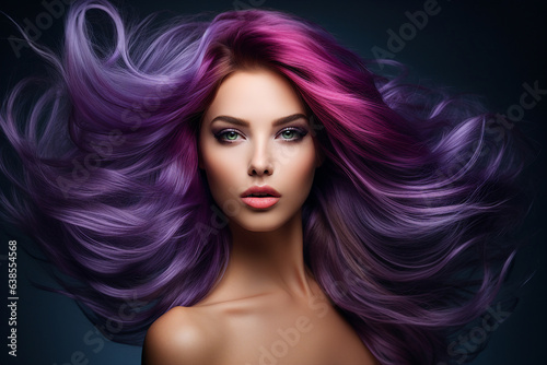 Generative AI portrait of natural beauty woman model showing flattering bright violet dyed hairstyle