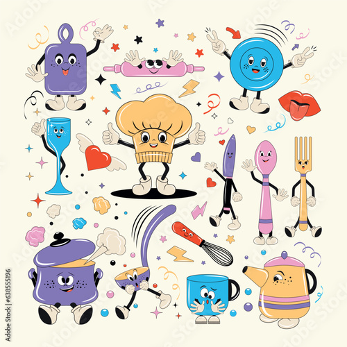 A set of groovy elements. A collection of cartoon characters. A set of kitchen accessories. The concept of cooking. Vector bright design