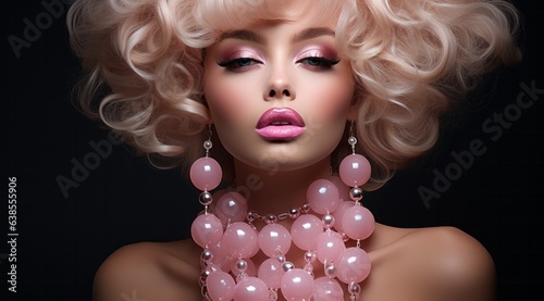Photo of a woman with blonde hair wearing a pink necklace created with Generative AI technology