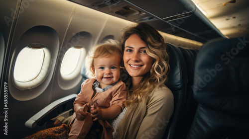 Generative AI, a family with a child flies on vacation on an airplane, traveling with children, air transport, parents and children, passenger seats, aircraft cabin, mother and baby, kid, mom