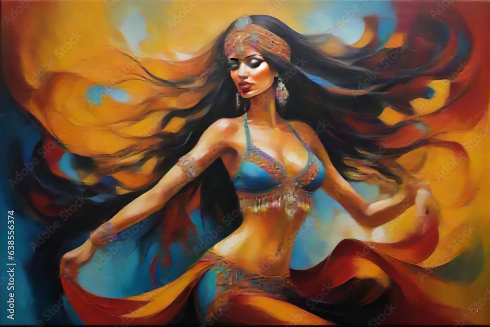 a painting of a woman in a belly dance costume, egyptian art by Alexander Kucharsky, behance contest winner, figurative art, egyptian art, detailed painting, oil on canvas