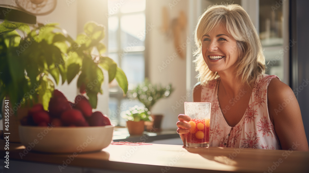 Beautiful middle-aged woman sits in the kitchen of her home and smiles while holding a smoothie glass in her hands