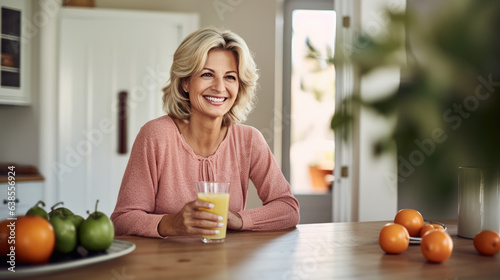 Beautiful middle-aged woman sits in the kitchen of her home and smiles while holding a smoothie glass in her hands photo