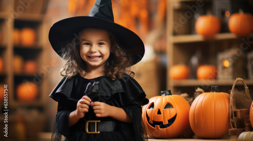 A girl in a witch costume on Halloween