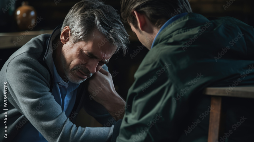 A close friend supports a man in depression. A close friend supports a man in depression.