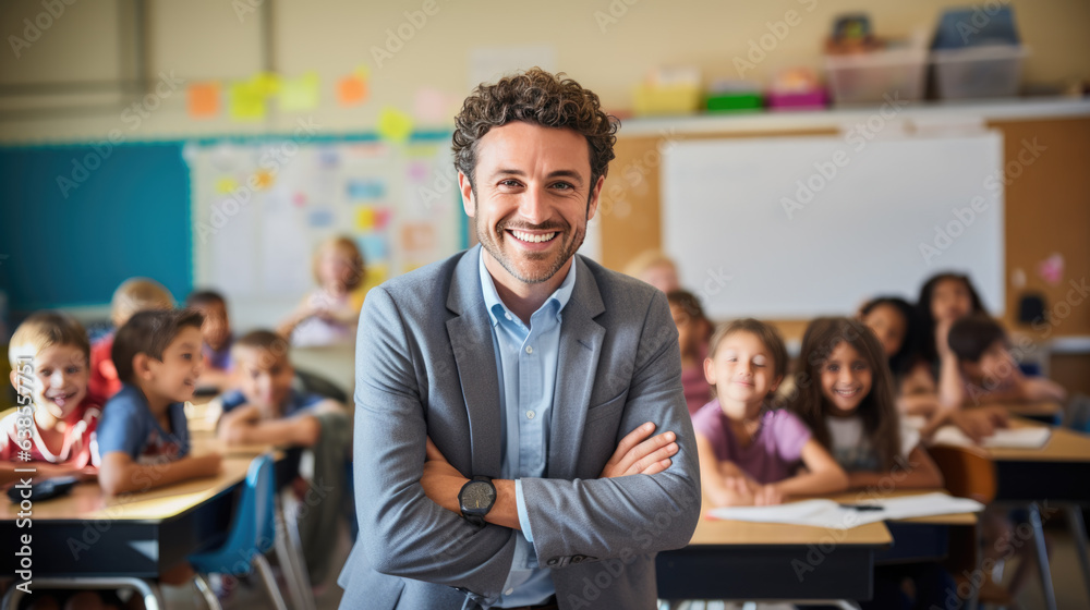 Portrait of happy male teacher in classroom in front of pupils
