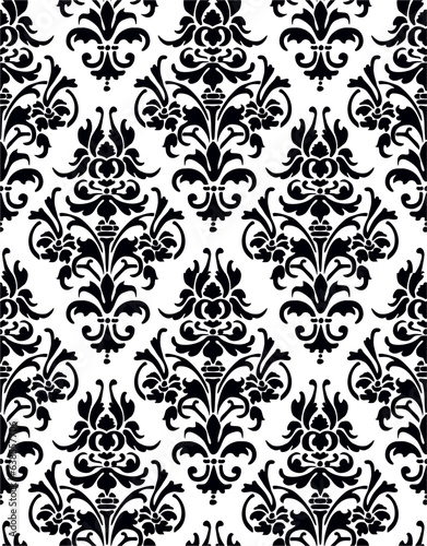 Elegant black and white floral pattern, in the style of stencil-based, rococo decadence, style of ornate baroque, style of rembrandtesque and damask background