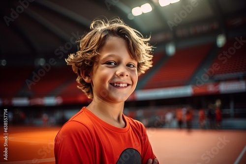 Portrait of smiling boy standing with tennis racket at sports arena. photo