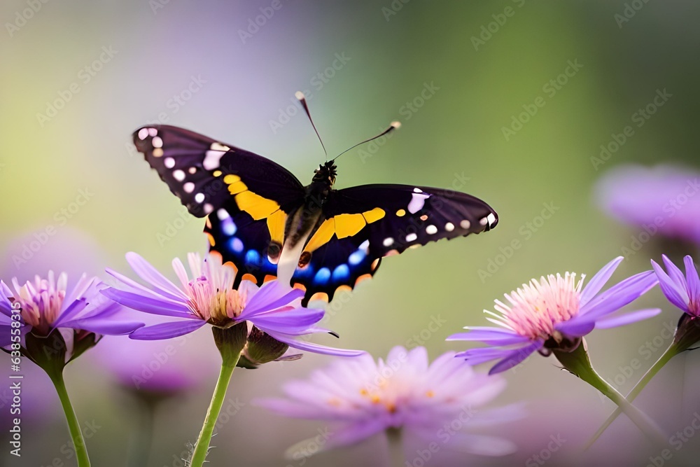 Dark Swallowtail butterfly in garden with purple flowers Dark Swallowtail butterfly in garden with purple flowers