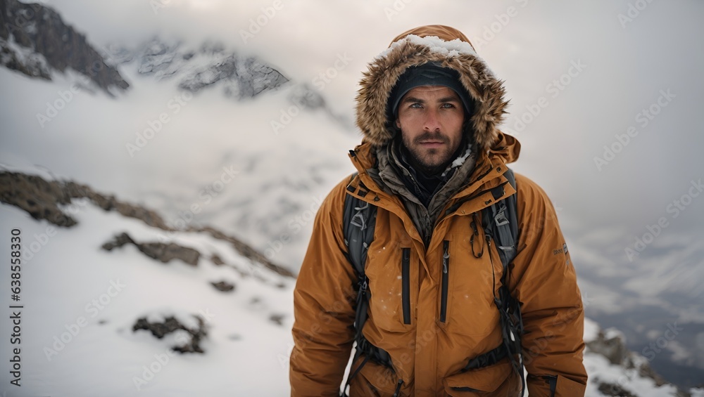 A captivating and cinematic photograph capturing an adventurer hiking on a snow-covered mountain in challenging and dangerous conditions. 