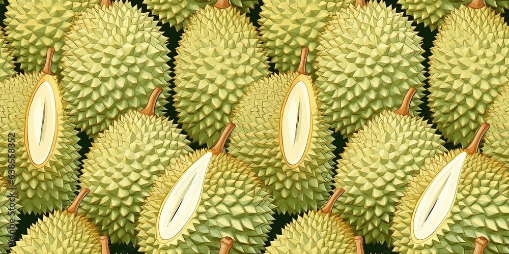 Fototapeta premium Seamless pattern of illustrated durian fruit, leaf drawings. Concept: Exotic organic prints.