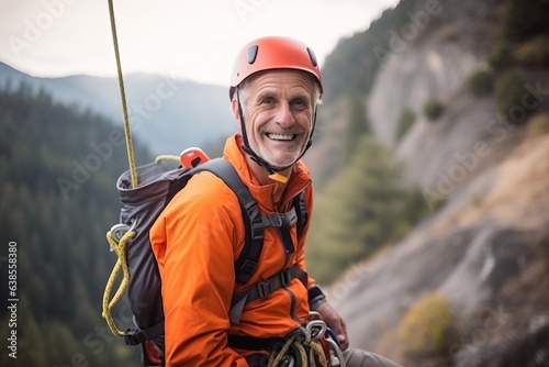Portrait of smiling male climber holding rope and looking at camera