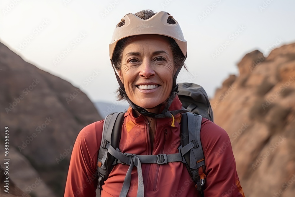 Portrait of happy senior woman with backpack and helmet looking at camera in mountains Portrait of happy senior woman with backpack and helmet looking at camera in mountains