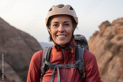 Portrait of happy senior woman with backpack and helmet looking at camera in mountains