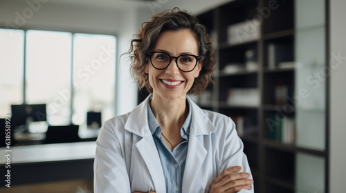 Portrait of beautiful woman doctor looking at camera at blurred hospital background.