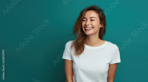 Young female standing in front of camera in white T-shirt , isolated on blue background