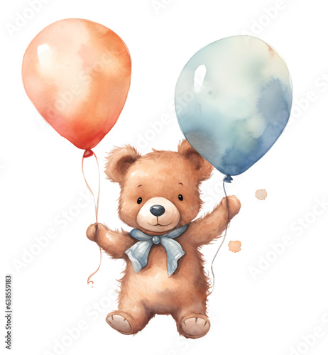 Teddy bear with balloons watercolor illustration isolated on transparent background