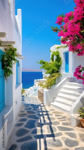 Professional Shot of a Mediterranea House in Greece. Amazing Magenta Flowers creating this shot Captivating. 