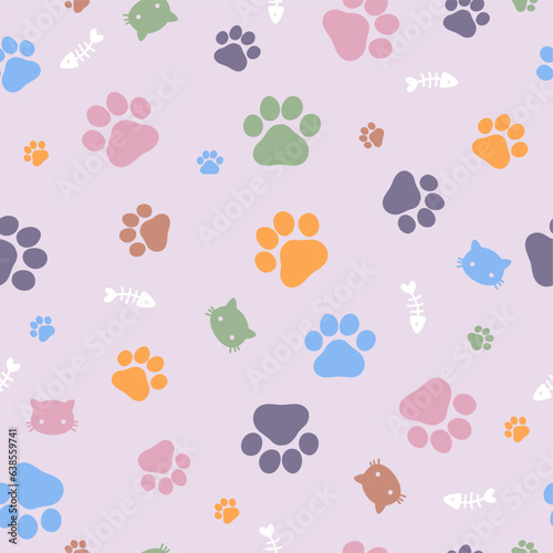 Cute cat footprints background. Seamless pattern. Vector illustration