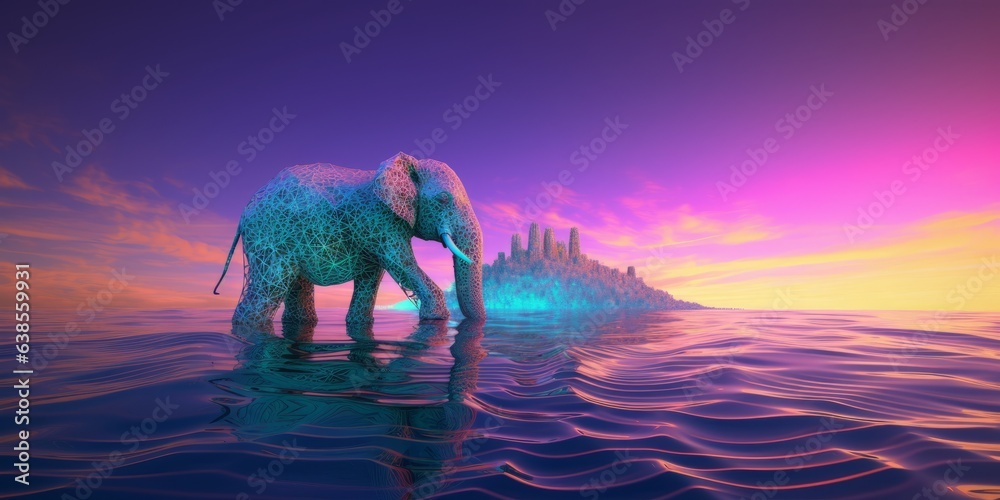 psychedelic surreal holographic elephant walks in pink water. surrealism, simultaneously an aesthetic of sea neon waves. Long horizontal banner. Generative AI. background with island and city - obrazy, fototapety, plakaty 
