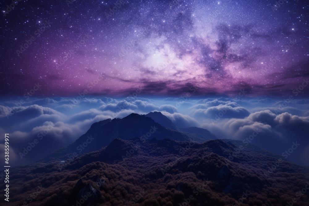 surreal purple magical night landscape in mountains above the clouds. starry night with sky, galaxies and milky way. peace and eternity. Generative AI.