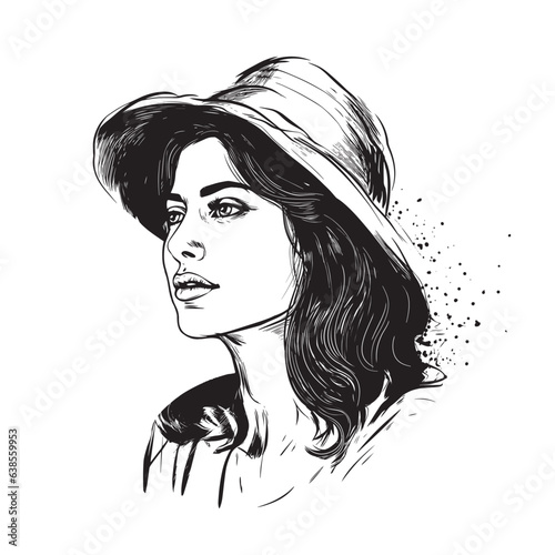 Vector portrait of a fashionable young beautiful girl with tousled hair. Black and white female portrait