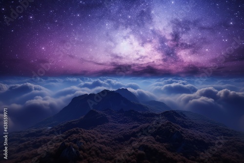 surreal purple magical night landscape in mountains above the clouds. starry night with sky, galaxies and milky way. peace and eternity. Generative AI.