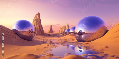 Pink psychedelic sunset . Prairie with purple steel sphere mirror silver orbit reflected on surface of sand desert. surrealism, simultaneously aesthetic. Long horizontal banner. Generative AI. 