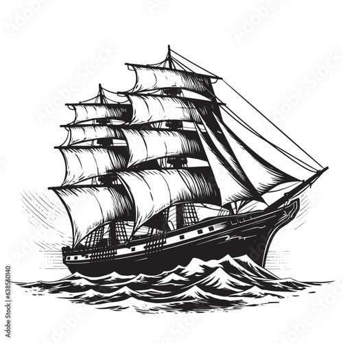 An old sailing ship on the sea waves. Vector drawing isolated on white background.