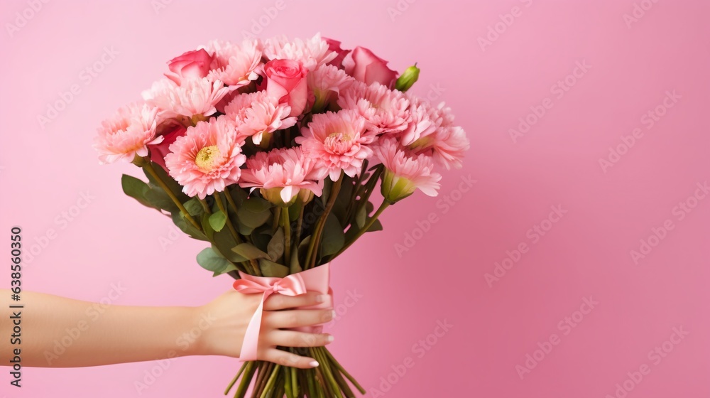 Photo of cropped man arm hold big bright decorated bunch giving girlfriend valentine day romance gift present bouquet composition isolated pink color background Photo of cropped man arm hold big bright decorated bunch giving girlfriend valentine day romance gift present bouquet composition isolated pink color background