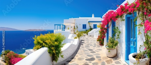 Fototapeta Naklejka Na Ścianę i Meble -  Professional Shot of a Mediterranea House in Greece. Amazing Magenta Flowers creating this shot Captivating. 